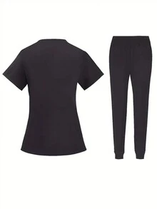 2pcs Nurse Scrubs Set, Short Sleeve Top And Pants - Black - View 5