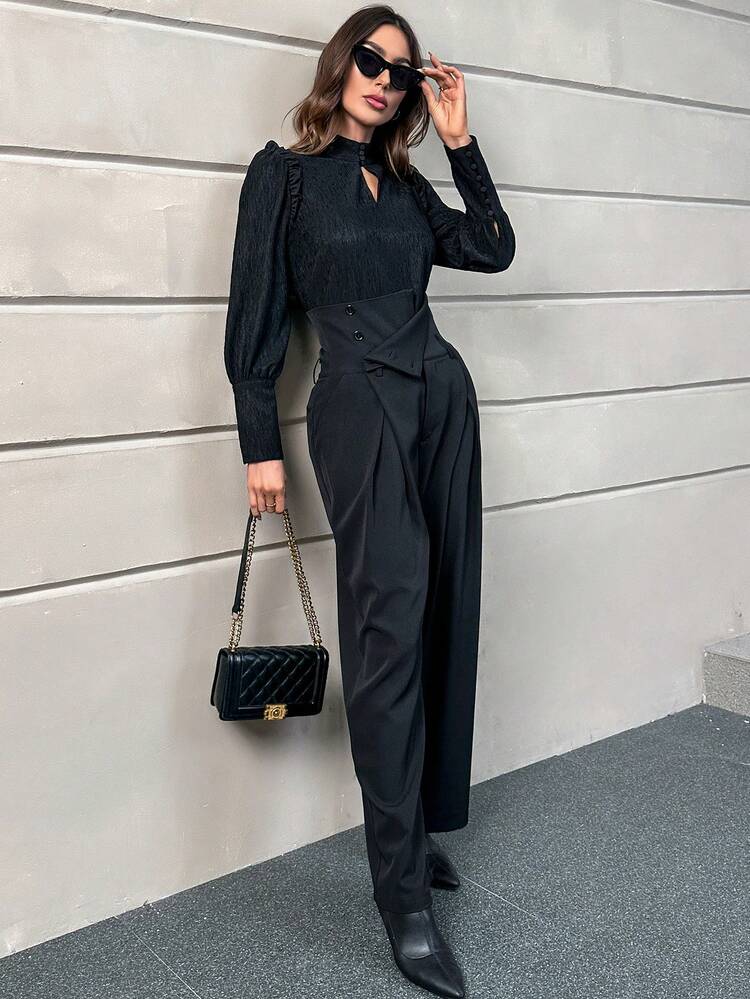 Keyhole Neckline Lantern Sleeve Top & Wide Leg Pants