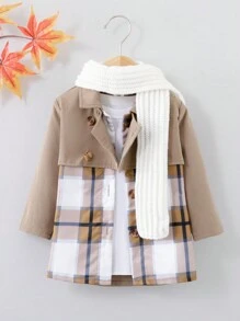 男嬰拼接格紋印花風衣外套&圍巾不帶T恤