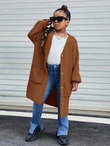 SHEIN 女大童落肩袖口袋貼布前紐扣開襟衫 - 駝色 - 查看 4