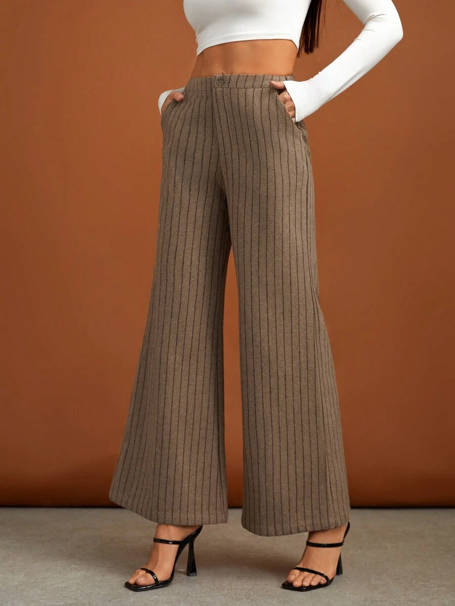 SHEIN Tall High Waist Striped Flare Leg Pants - Khaki - View 1