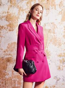 MOTF PREMIUM Cổ áo Đôi ngực Thắt lưng Váy blazer - Màu Hồng Tươi - Xem 9
