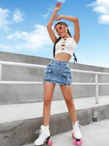 Flap Pocket Buckle Detail Denim Skirt - Rửa nhẹ - Xem 6