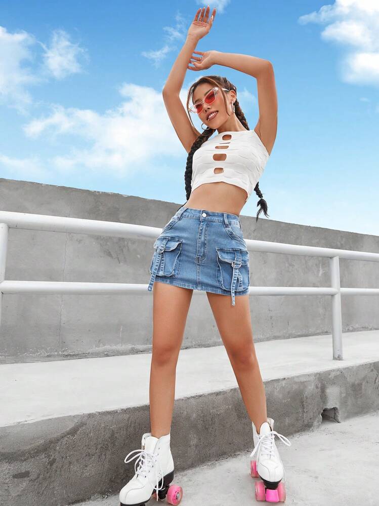 フラップポケット バックル詳細 デニムスカート | SHEIN JAPAN