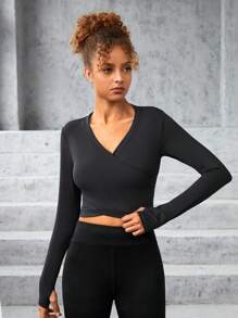 SHEIN Camisa Esportiva De Malha De Cor Sólida Cruzada Com Decote Em V Para Adolescente Do Sexo Feminino