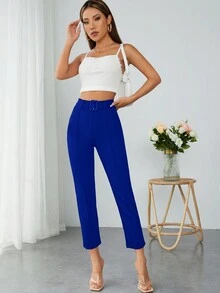 SHEIN PETITE Chất rắn Thắt lưng Quần skinny Quần - Xanh đậm - Xem 3