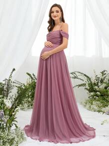 Faeriesty Dressalisa Sophisticated Off-Shoulder Backless Babyshower Dresses With Adjustable Back Ties & Flowing A-Line Silhouette – Perfect For Baby Showers, Formal Events, Wedding Receptions, Gala Dinners, And Maternity Photoshoots