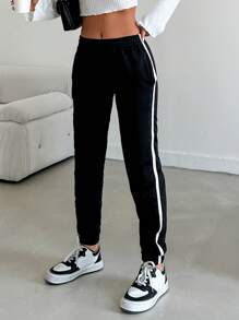 Contrast Tape Side Sweatpants For Spring & Autumn - Black - View 1