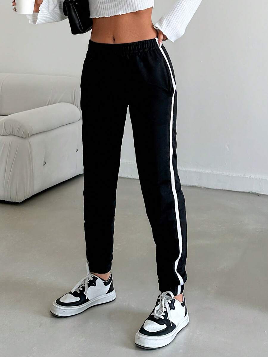 Contrast Tape Side Sweatpants For Spring & Autumn - Black - View 1