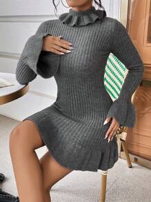 SHEIN Unity 小高領荷葉袖荷葉邊毛衣洋裝 - 灰色 - 查看 4