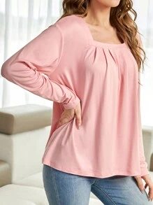 SHEIN Unity Square Neck Fold Pleated Tee - Dusty Pink - View 6