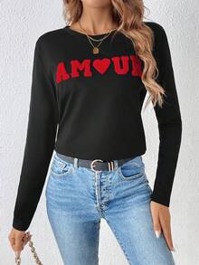 SHEIN Frenchy Mẫu chữ Vòng cổ Áo thun - màu đen - Xem 6