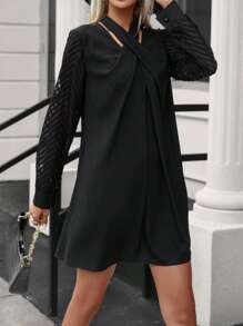 SHEIN LUNE Solid Criss Cross Halter Neck Contrast Mesh Sleeve Dress - Black - View 3