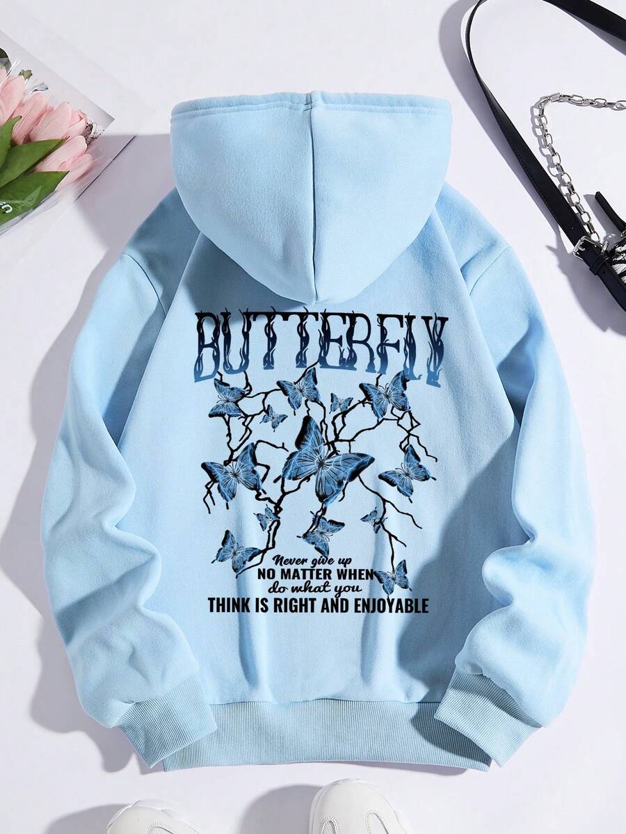 SHEIN EZwear Slogan Graphic Kangaroo Pocket Drawstring Thermal Hoodie - Blue - View 1