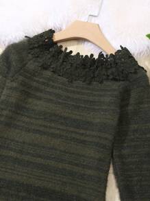 SHEIN Clasi 條紋圖案拼接蕾絲邊毛衣洋裝 - 綠色 - 查看 8
