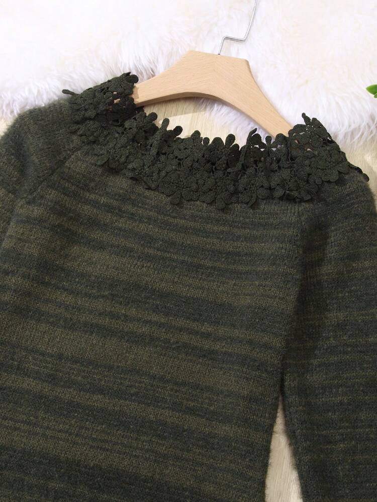 Striped Pattern Contrast Lace Trim Sweater Dress Fall Cloth For Women