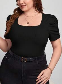 SHEIN Privé Plus Scoop Neck Ruched Puff Sleeve Tee