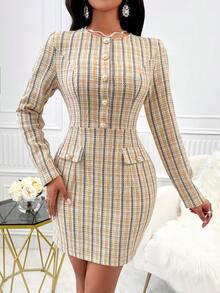 SHEIN Lady Vestido ajustado con patrón de cuadros con diseño de solapa tweed - Albaricoque - Ver 5
