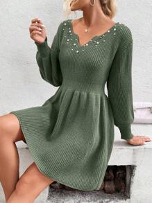 SHEIN Clasi Pearls Beaded Notched Neckline Lantern Sleeve Ribbed Knit Sweater Dress - Green - View 5
