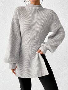 SHEIN Frenchy 小高領落肩袖下擺開叉套頭毛衣 - 灰色 - 查看 6