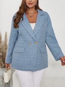 SHEIN Clasi 加大格纹双纽扣粗花呢西装外套，适合秋冬毕业、返校、教师女士服装 - 藍色 - 查看 3