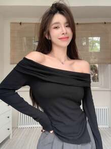 Dazy Star Solid Bardot Slit Hem Slim Tee - Black - View 6