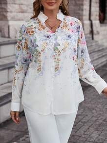 SHEIN Clasi 大碼印花前紐扣襯衫 - 杏色 - 查看 3