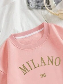 SHEIN EZwear Letter Embroidery Thermal Lined Sweatshirt - Pink - View 4