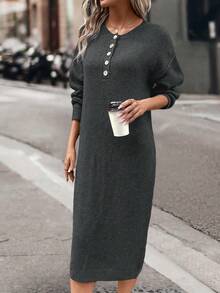 SHEIN LUNE 落肩袖毛衣洋裝 - 深灰色 - 查看 4