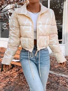 SHEIN Unity Abrigo con estampado de letra bajo con cordón con cremallera - Albaricoque - Ver 4