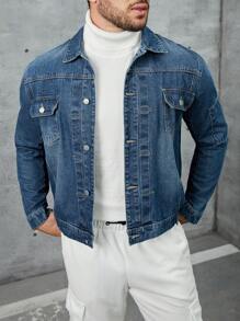 SHEIN Manfinity Homme 男裝水洗牛仔夾克 - 中等水洗藍 - 查看 4