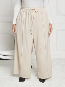 SHEIN CURVE+ Kích thước lớn Của phụ nữ Dây rút Rộng chân Quần - Màu Khaki - Xem 3