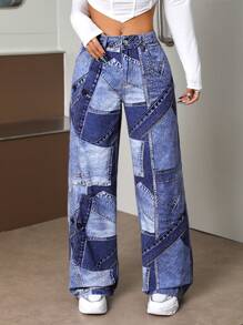 SHEIN ICON 色塊拼接圖案闊腿牛仔褲 - 藍色 - 查看 6