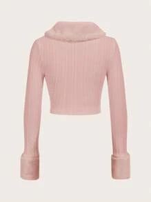 SHEIN EZwear 羊絨領口拉鏈開襟短夾克 - 粉色 - 查看 2