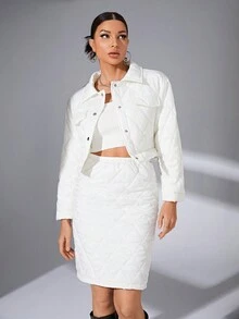 SHEIN Essnce Flap Detail Drop Shoulder Jacket & Skirt - Apricot - View 4