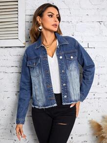 SHEIN LUNE Giacca in denim tasca con patta bordo grezzo - Blu lavato medio - Visualizzare 6