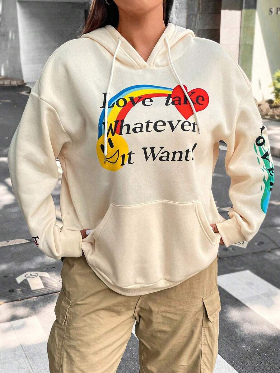 Flirla Plus Letter & Cartoon Graphic Kangaroo Pocket Drop Shoulder Drawstring Hoodie - Apricot - View 1