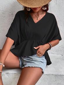 SHEIN LUNE Solid Batwing Sleeve Peplum Blouse - Black - View 6