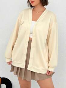 SHEIN EZwear 大碼卡通刺繡落肩袖運動衫 - 白色 - 查看 1