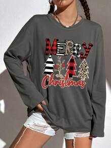 INAWLY 圣诞印花落肩 T 恤 图案 T 恤 女式上衣 - 灰色 - 查看 1