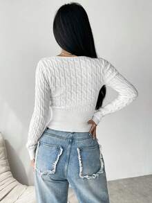 SHEIN Unity Women's Casual Daily Commute Simple Solid Color Crew Neck Cable Knit Wide Hem Crop Sweater, Autumn/Winter - White - View 2