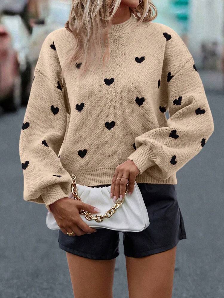 Heart Patterned Dropped Shoulder Casual Sweater, Autumn/Winter Knit Pullover Fall