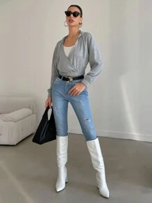 SHEIN Cottnline Women's Wrap Hooded Sweatshirt - Grey - View 4