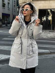 DAZY Flap Pocket Drawstring Hooded Padded Coat Winter