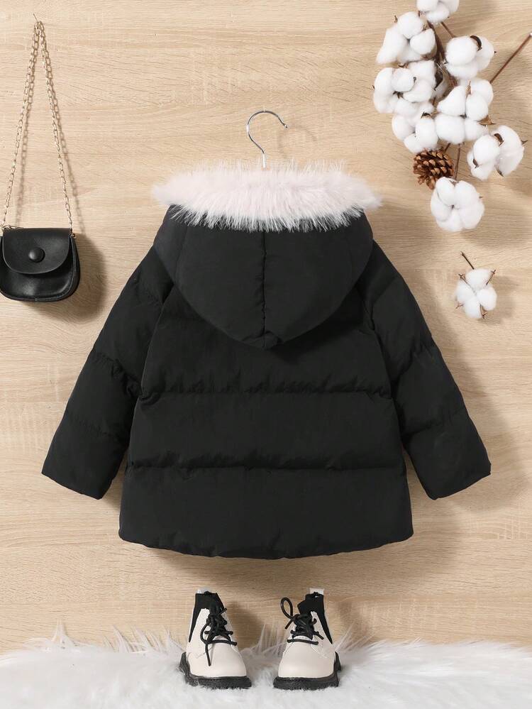 Baby Girl Fuzzy Trim Hooded Padded Coat Without Tee