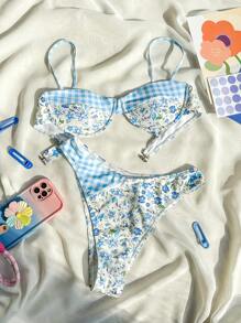 Ditsy Floral And Plaid Patchwork Bikini Set Summer Beach - Blue - View 3
