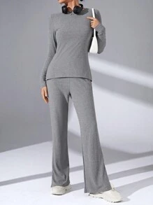 SHEIN Essnce Solid Ribbed Knit Tee & Split Hem Pants - Grey - View 3