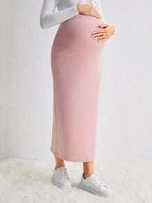 SHEIN 孕婦可調節腰圍羅紋針織鉛筆裙 - 粉色 - 查看 4