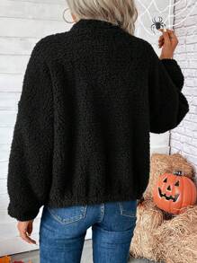 SHEIN LUNE 秋冬季拉链落肩泰迪熊外套，休闲款 - 黑色 - 查看 2