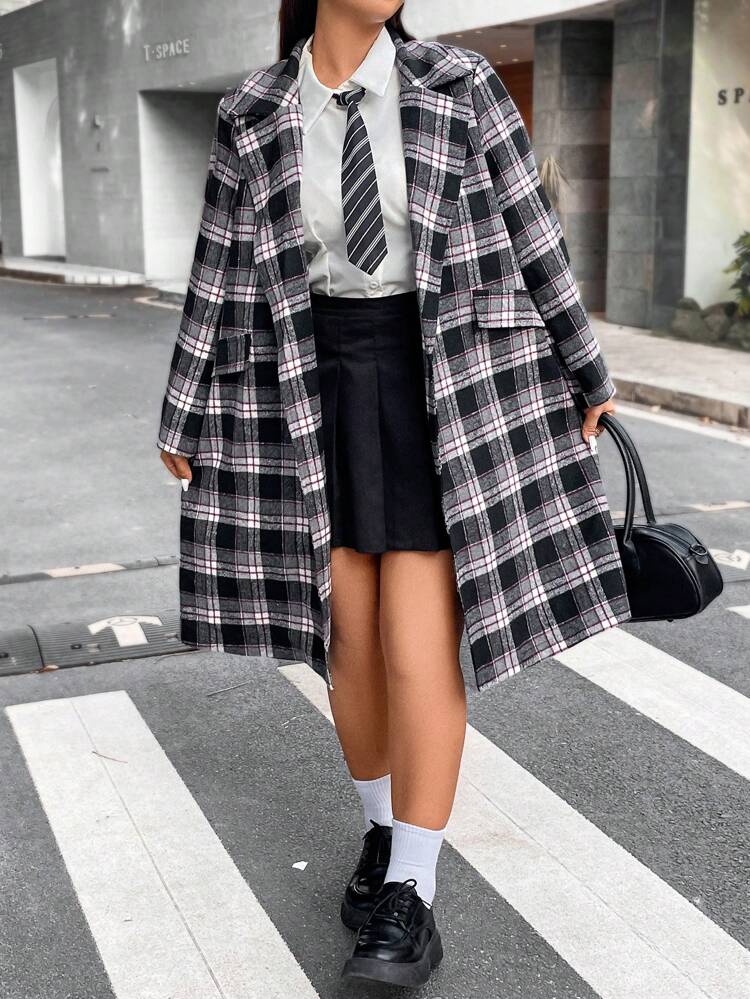 Plus Plaid Print Lapel Neck Single Button Front Overcoat Fall Cloth For Women